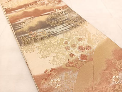 平和屋着物◎六通柄袋帯　唐織　遠山風景花文　金銀糸　正絹　逸品　BAAU6696yc