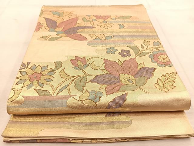 平和屋着物◎六通柄袋帯　エ霞更紗花文　金糸　正絹　逸品　BAAU6709yc