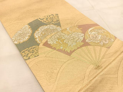 平和屋着物◎太鼓柄袋帯　螺鈿箔　立波扇面花文　金糸　正絹　逸品　BAAU6737yc