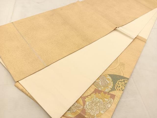平和屋着物◎太鼓柄袋帯　螺鈿箔　立波扇面花文　金糸　正絹　逸品　BAAU6737yc