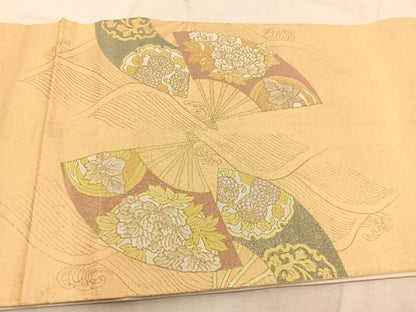 平和屋着物◎太鼓柄袋帯　螺鈿箔　立波扇面花文　金糸　正絹　逸品　BAAU6737yc