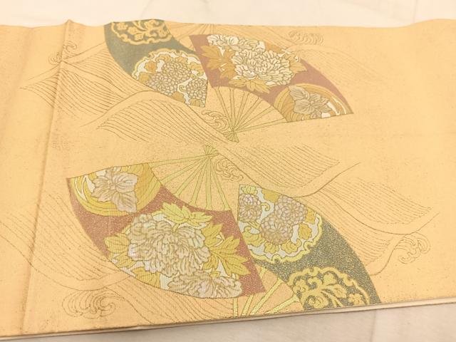 平和屋着物◎太鼓柄袋帯　螺鈿箔　立波扇面花文　金糸　正絹　逸品　BAAU6737yc