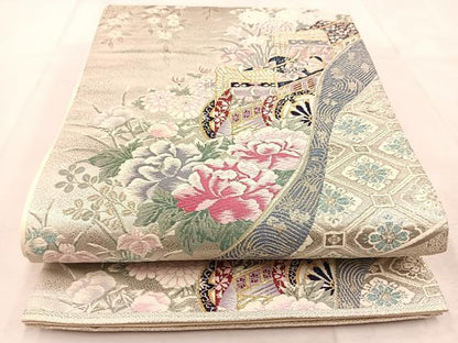平和屋着物◎六通柄袋帯　唐織　御所車花文　プラチナ二重織　正絹　逸品　BAAU6738yc