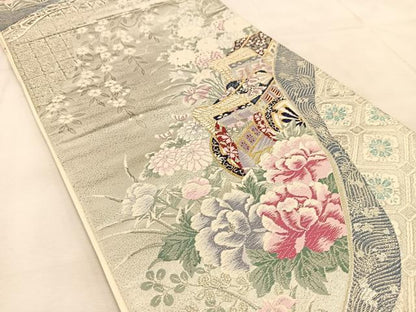 平和屋着物◎六通柄袋帯　唐織　御所車花文　プラチナ二重織　正絹　逸品　BAAU6738yc