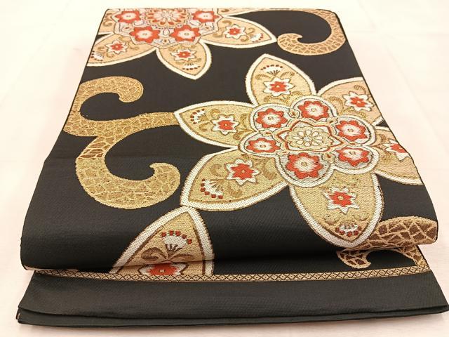 平和屋着物◎六通柄　本袋帯　更紗花唐草文　黒地　金銀糸　BAAU6739yc