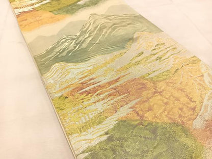 平和屋着物◎六通柄袋帯　重ね山風景文　金銀糸　正絹　逸品　BAAU6744yc