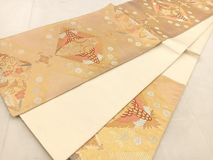 平和屋着物◎六通柄袋帯　唐織　双鶴花菱文　金銀糸　引箔　正絹　逸品　BAAU6748yc