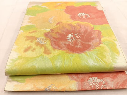平和屋着物◎六通柄袋帯　草花文　銀糸　正絹　逸品　BAAU6752yc