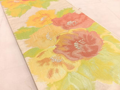 平和屋着物◎六通柄袋帯　草花文　銀糸　正絹　逸品　BAAU6752yc