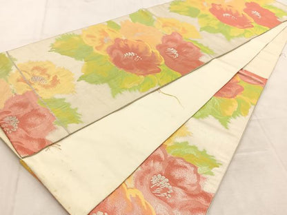 平和屋着物◎六通柄袋帯　草花文　銀糸　正絹　逸品　BAAU6752yc