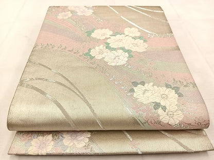 平和屋着物◎六通柄袋帯　唐織　花流水　銀糸　正絹　逸品　BAAU6761yc