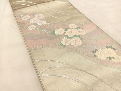 平和屋着物◎六通柄袋帯　唐織　花流水　銀糸　正絹　逸品　BAAU6761yc