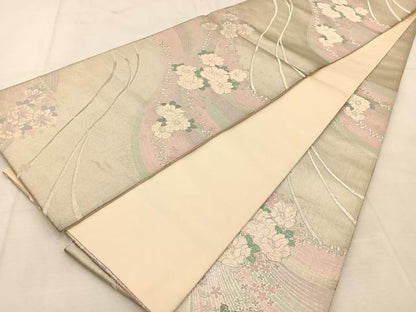 平和屋着物◎六通柄袋帯　唐織　花流水　銀糸　正絹　逸品　BAAU6761yc