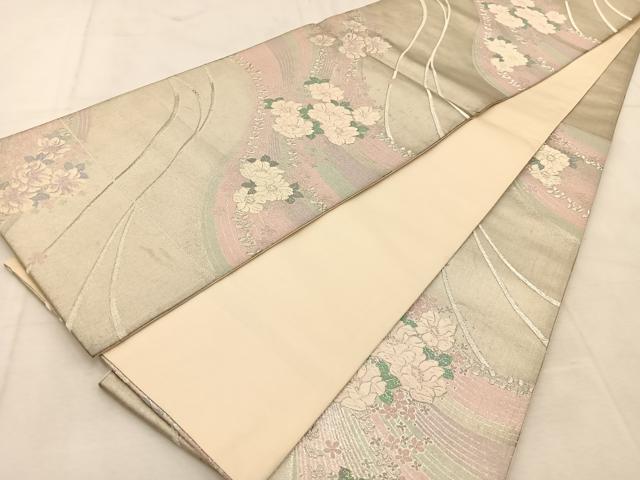 平和屋着物◎六通柄袋帯　唐織　花流水　銀糸　正絹　逸品　BAAU6761yc