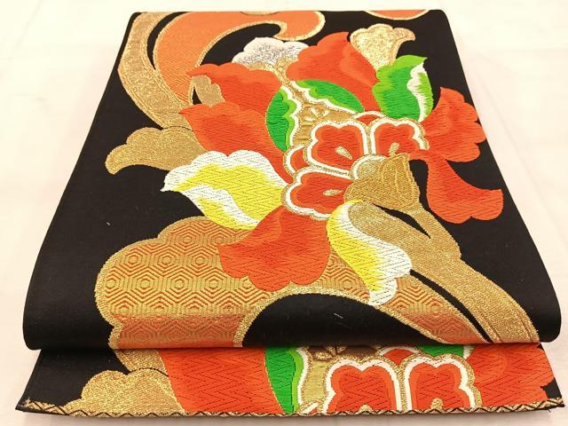 平和屋着物◎六通柄袋帯　唐織　更紗花唐草文　黒地　金銀糸　正絹　逸品　BAAU6762yc