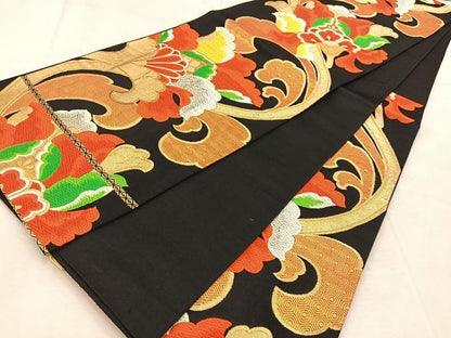 平和屋着物◎六通柄袋帯　唐織　更紗花唐草文　黒地　金銀糸　正絹　逸品　BAAU6762yc