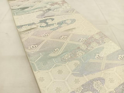 平和屋着物◎六通柄袋帯　唐織　吉祥花松文　銀糸　正絹　逸品　BAAU6773yc