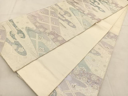 平和屋着物◎六通柄袋帯　唐織　吉祥花松文　銀糸　正絹　逸品　BAAU6773yc