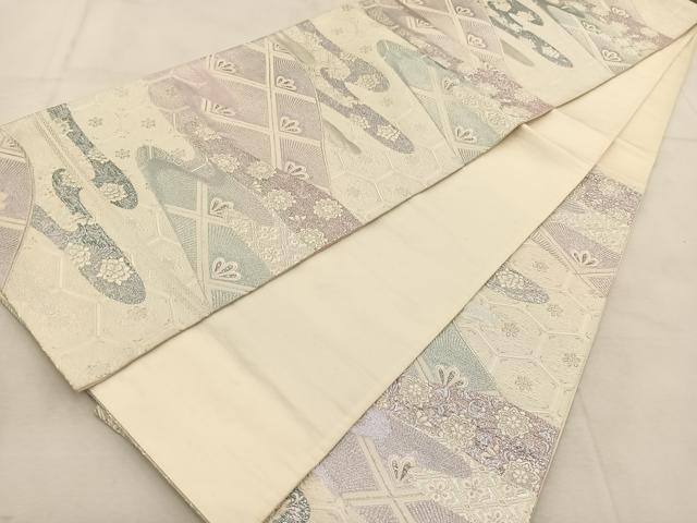 平和屋着物◎六通柄袋帯　唐織　吉祥花松文　銀糸　正絹　逸品　BAAU6773yc