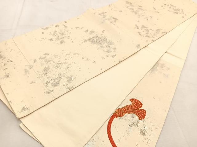 平和屋着物◎太鼓柄袋帯　総刺繍　駒刺繍　結び紐文　金銀糸　引箔　正絹　逸品　BAAU6781yc