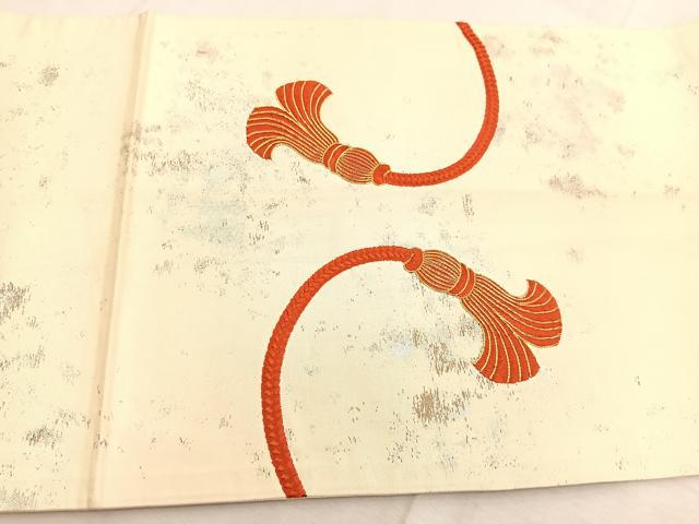 平和屋着物◎太鼓柄袋帯　総刺繍　駒刺繍　結び紐文　金銀糸　引箔　正絹　逸品　BAAU6781yc