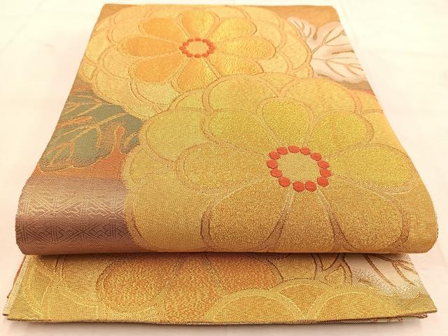 平和屋着物◎佐賀錦　六通柄袋帯　唐織　菊花文　金糸　正絹　逸品　BAAU6783yc