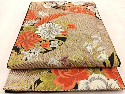 平和屋着物◎六通柄 本袋帯 唐織 花流水 黒地 金銀糸 正絹 逸品 BAAU6807yc
