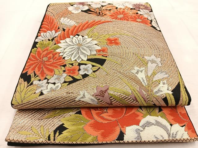 平和屋着物◎六通柄 本袋帯 唐織 花流水 黒地 金銀糸 正絹 逸品 BAAU6807yc