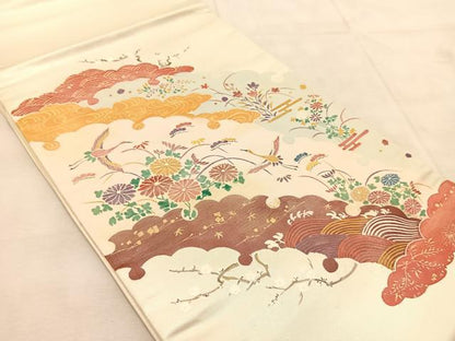平和屋着物◎太鼓柄袋帯　雪輪取り花鳥文　金銀彩　引箔　正絹　逸品　BAAU6824yc