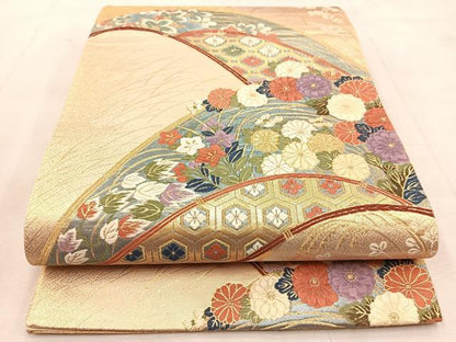 平和屋着物◎六通柄袋帯　唐織　秋草文　金糸　正絹　逸品　BAAU6828yc