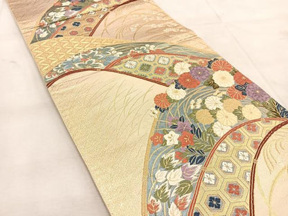 平和屋着物◎六通柄袋帯　唐織　秋草文　金糸　正絹　逸品　BAAU6828yc