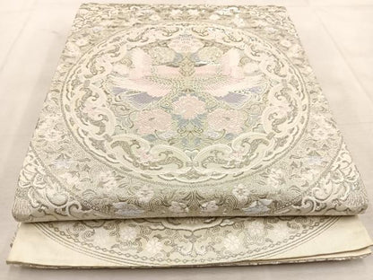 平和屋着物◎六通柄袋帯　唐織　向かい鳥花丸文　銀糸　正絹　逸品　BAAU6830yc