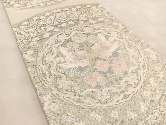 平和屋着物◎六通柄袋帯　唐織　向かい鳥花丸文　銀糸　正絹　逸品　BAAU6830yc