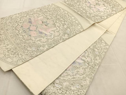 平和屋着物◎六通柄袋帯　唐織　向かい鳥花丸文　銀糸　正絹　逸品　BAAU6830yc