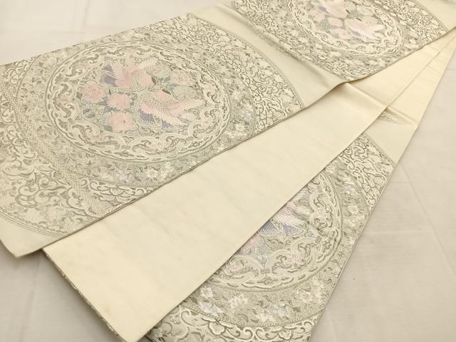 平和屋着物◎六通柄袋帯　唐織　向かい鳥花丸文　銀糸　正絹　逸品　BAAU6830yc