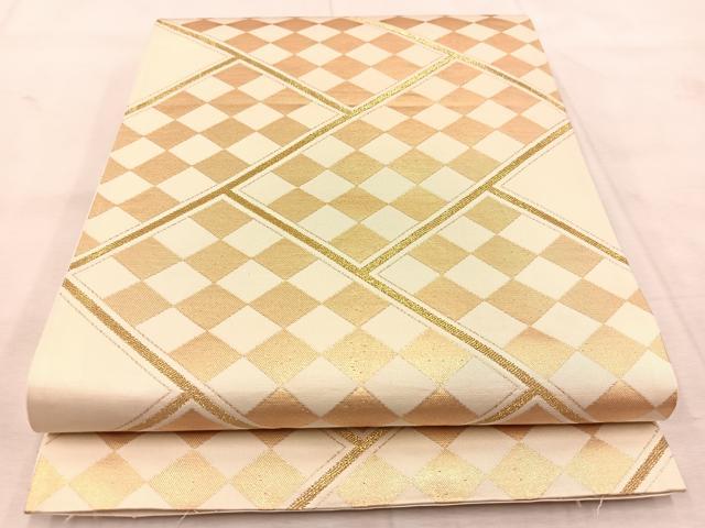 平和屋着物◎六通柄袋帯　檜垣市松文様　金糸　正絹　逸品　BAAU6848yc
