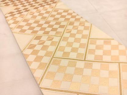 平和屋着物◎六通柄袋帯　檜垣市松文様　金糸　正絹　逸品　BAAU6848yc
