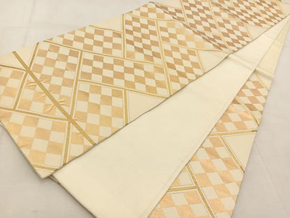 平和屋着物◎六通柄袋帯　檜垣市松文様　金糸　正絹　逸品　BAAU6848yc
