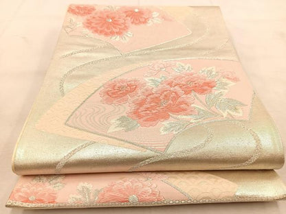 平和屋着物◎西陣　六通柄袋帯　唐織　地紙花文　銀糸　正絹　逸品　BAAU6980yc