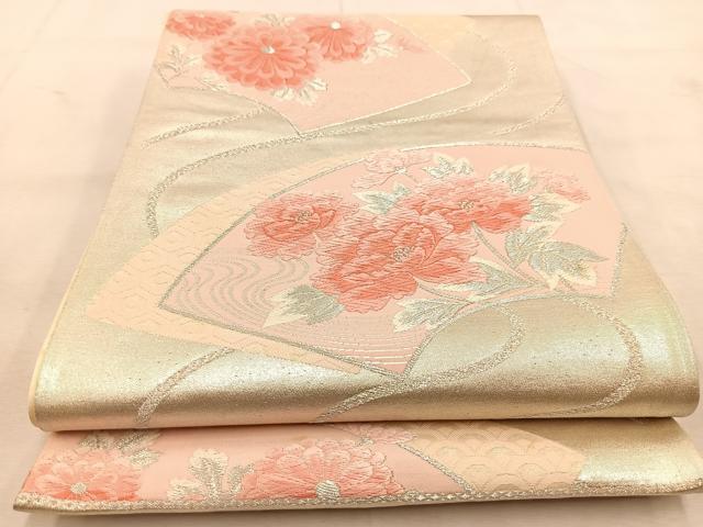 平和屋着物◎西陣　六通柄袋帯　唐織　地紙花文　銀糸　正絹　逸品　BAAU6980yc