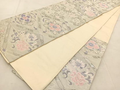 平和屋着物◎六通柄袋帯　唐織　九百錦　プラチナ箔　菱天井更紗花鳥文　正絹　逸品　BAAU6982yc