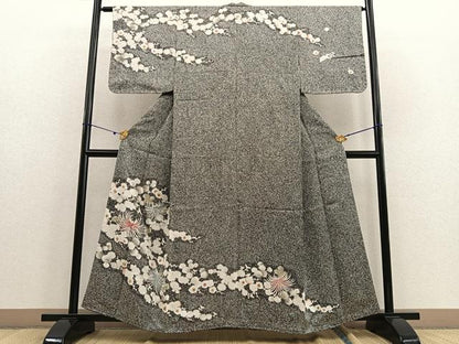 平和屋着物●訪問着　刺繍　乱菊　枝花文　たたき染め　黒地　正絹　逸品　未使用　BAAU7108gt