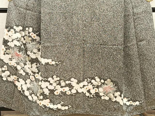 平和屋着物●訪問着　刺繍　乱菊　枝花文　たたき染め　黒地　正絹　逸品　未使用　BAAU7108gt