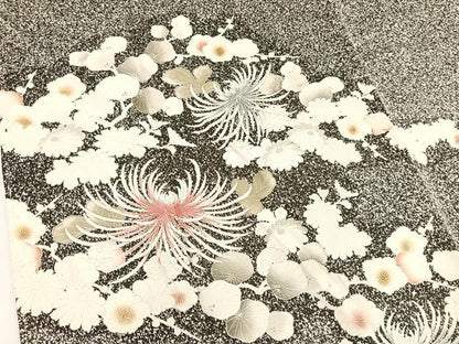 平和屋着物●訪問着　刺繍　乱菊　枝花文　たたき染め　黒地　正絹　逸品　未使用　BAAU7108gt