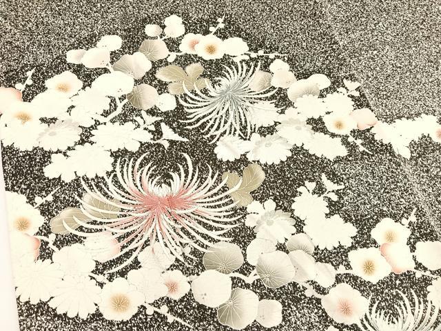 平和屋着物●訪問着　刺繍　乱菊　枝花文　たたき染め　黒地　正絹　逸品　未使用　BAAU7108gt
