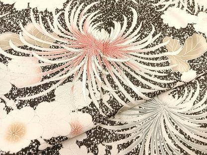 平和屋着物●訪問着　刺繍　乱菊　枝花文　たたき染め　黒地　正絹　逸品　未使用　BAAU7108gt