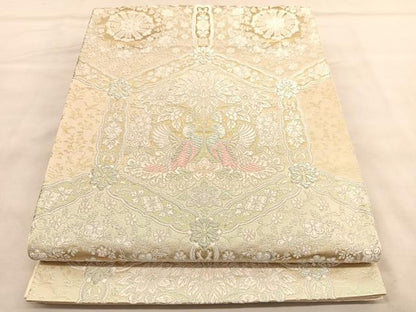 平和屋着物◎六通柄袋帯 唐織 向かい鳥亀甲花文 銀糸 正絹 逸品 BAAU7606hv