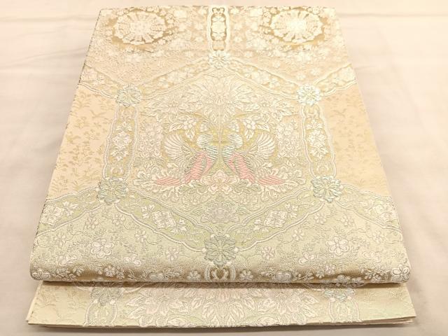 平和屋着物◎六通柄袋帯 唐織 向かい鳥亀甲花文 銀糸 正絹 逸品 BAAU7606hv