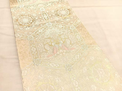平和屋着物◎六通柄袋帯 唐織 向かい鳥亀甲花文 銀糸 正絹 逸品 BAAU7606hv