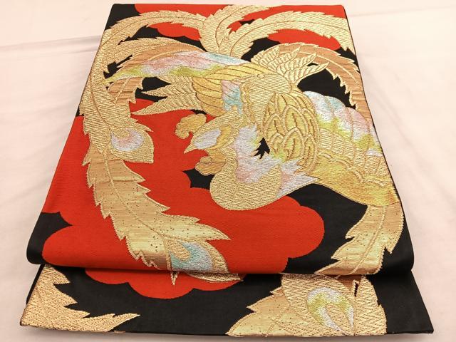 平和屋着物◎六通柄袋帯 唐織 鳳凰 黒地 金銀糸 正絹 逸品 BAAU7611hv